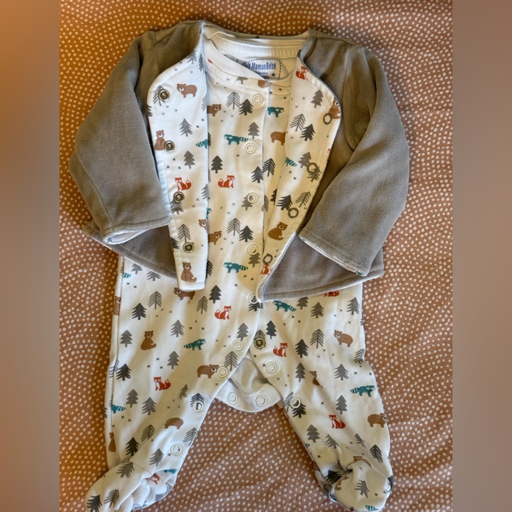 JoJo Maman Bebe - Adorable Animal Print Baby Onesie with Gray Jacket
